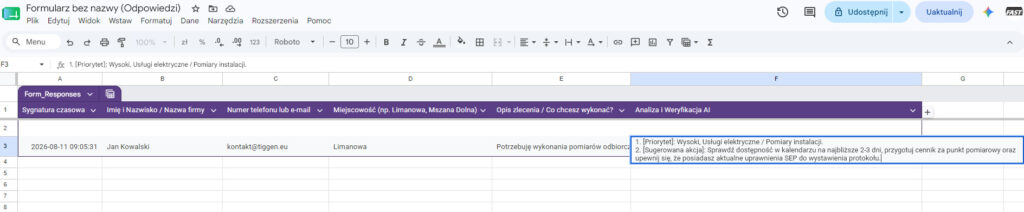 Arkusz Google z automatycznie wygenerowaną analizą i weryfikacją AI