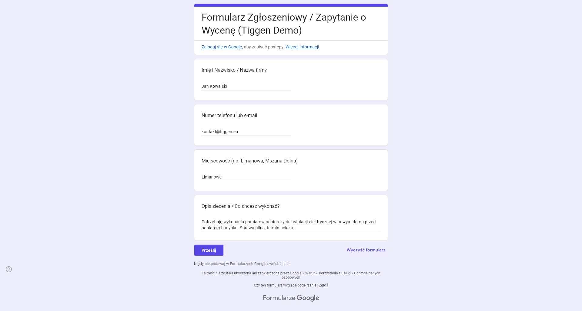 Przykładowy formularz do zautomatyzowania tiggen